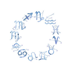 Round frame of watercolor astrology signs and constellations. Hand drawn watercolor brush zodiac signs.