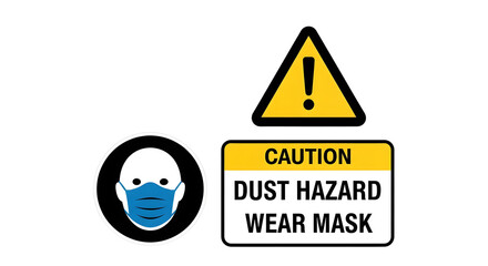 Obraz premium Warning sign for dust hazard with caution mask icon nearby displayed on a plain surface