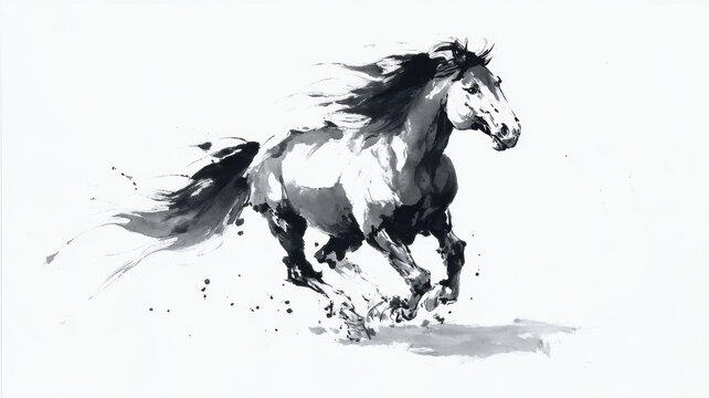 Chinese traditional lunar new year Spring Festival celebration in Asia. A black and white ink painting of a horse galloping against a stark white background. The horse is depicted in a dynamic pose.
