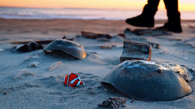 Horseshoe crab shells lie on the sandy beach. Toy fish is nearby. Unrecognized person walks at backdrop picking things.