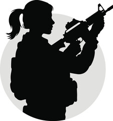 Silhouette soldier, tactical rifle, military gear, ponytail fighter, scoped weapon, defense security, combat readiness, vector art, cad drawing flat illustration