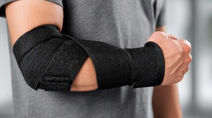 Patient wearing a splint for immobilization and pain relief during acute elbow injury recovery