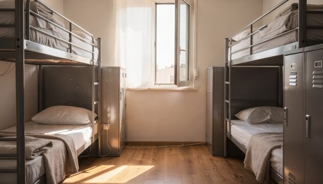 Medium shot of a singlegender hostel dorm room highlighting neat bunk beds and individual lockers with sunlight filtering through a partially open window.