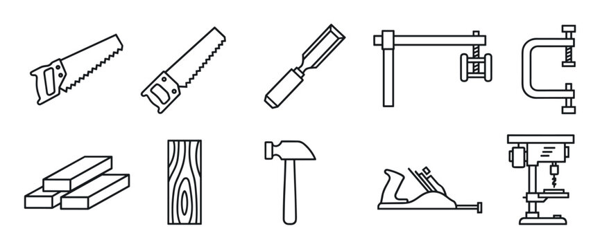 Woodworking and carpentry tool icon set featuring a saw, hammer, chisel, clamp, drill press, and wood planks in a simple black outline illustration style