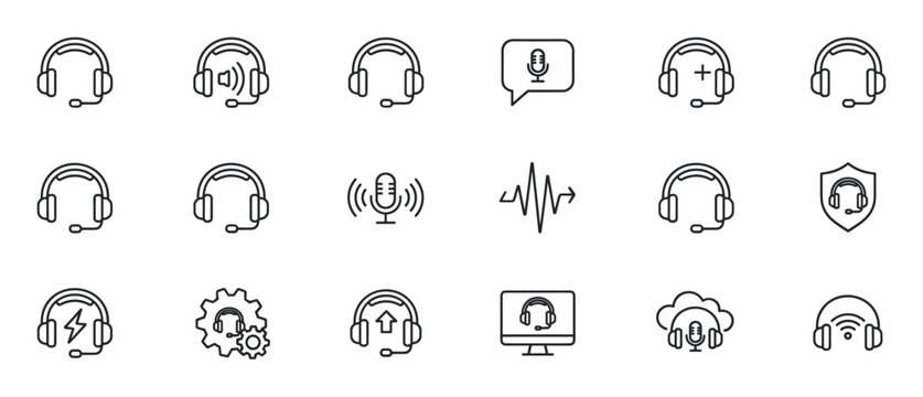 Minimalist black outline headset and microphone icons representing customer service, call center operations, audio communication, and technical support