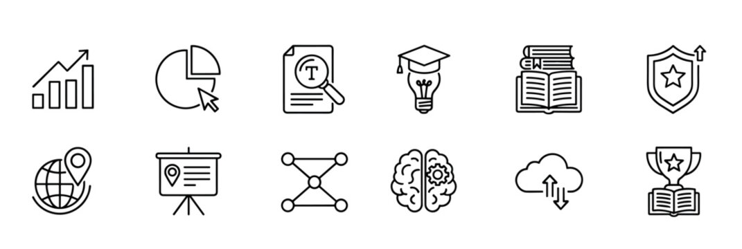 Collection of twelve linear business icons for data analysis, education, and strategy, featuring symbols like charts, a brain, a globe, a trophy, and a presentation screen