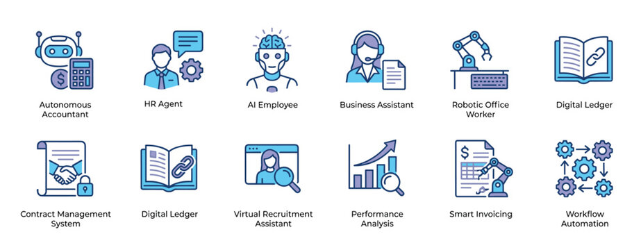 Set of blue and purple icons representing business automation and artificial intelligence concepts like robotic workers, digital ledgers, smart invoicing, and workflow management