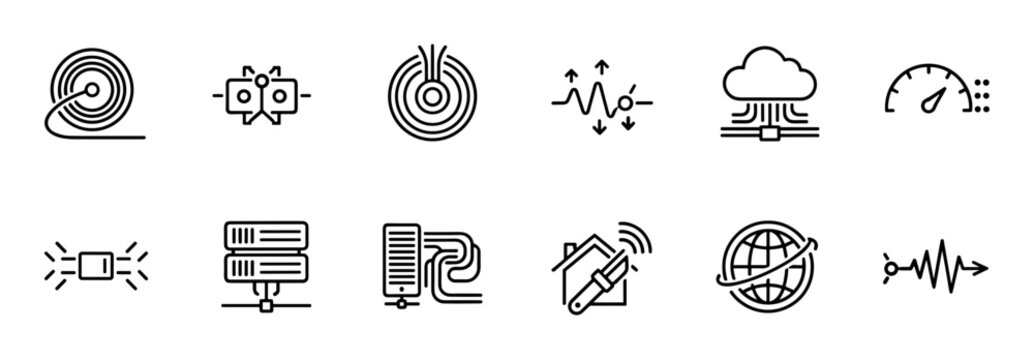 Set of black line icons representing internet, network, and data communication concepts like fiber optic cable, server, cloud computing, signal, and global connection in a minimalist style