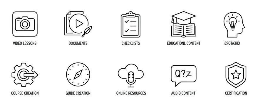 Set of black line icons for online courses and e-learning, including video lessons, documents, checklists, and certification symbols for educational content creation and digital resources