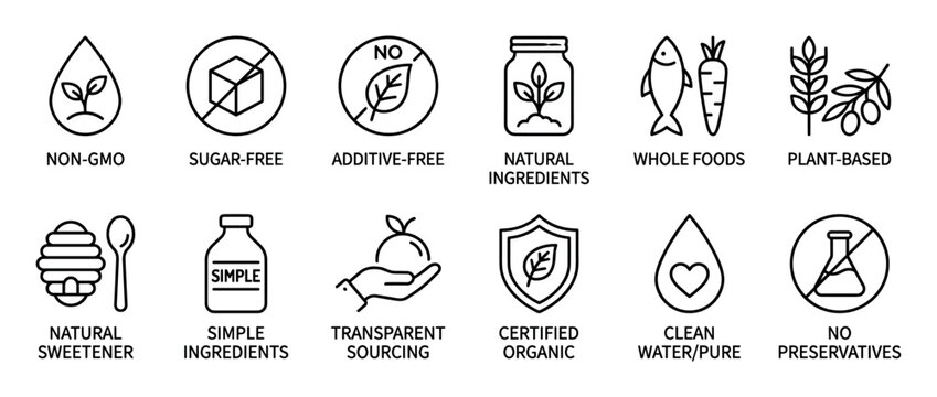 Set of black line art food label icons representing healthy and natural product claims like non-gmo, organic, sugar-free, plant-based, and additive-free for packaging