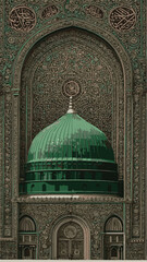 Green Dome Mosque Facade with Intricate Arabesque and Arabic Calligraphy Islamic architecture mosque dome
