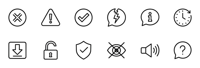 Fototapeta premium Set of black line art icons for user interface notifications, including symbols for warning, success, security, download, information, help, and other common web elements