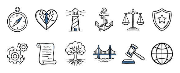 Fototapeta premium Collection of hand-drawn business icons representing core values like justice, stability, guidance, and growth in a simple sketch doodle style with blue color accents