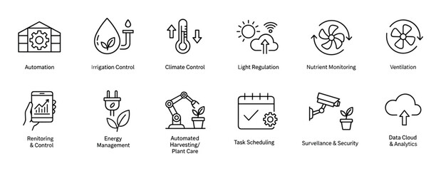 Fototapeta premium Smart farming and agriculture technology line icons illustrating concepts like automation, irrigation, climate control, robotic harvesting, and data analytics for modern agritech solutions