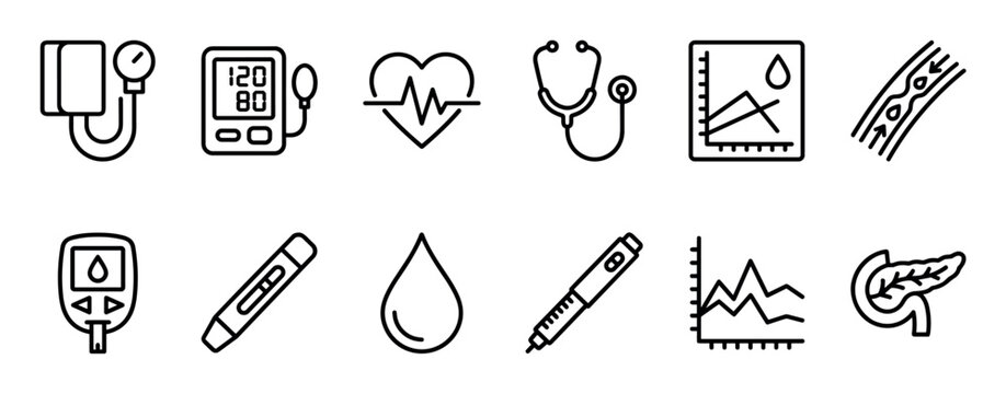 Collection of black line art icons representing diabetes and hypertension care, including a blood glucose meter, insulin pen, pressure monitor, stethoscope, and pancreas symbol