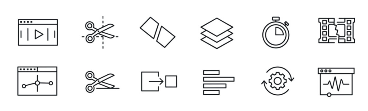 Collection of black thin line icons for video editing and multimedia production, including essential symbols like trim, layers, timer, export, keyframe, and audio waveform for a modern UI