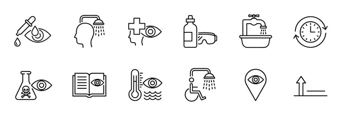 Set of black line icons for eyewash station instructions shows safety procedures for chemical hazards and first aid in a minimalist vector pictogram style for workplace guidance