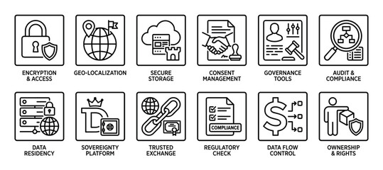 Obraz premium Twelve black outline vector icons illustrating data management concepts including security, privacy, compliance, governance, encryption, audit, and consent in a clean infographic style