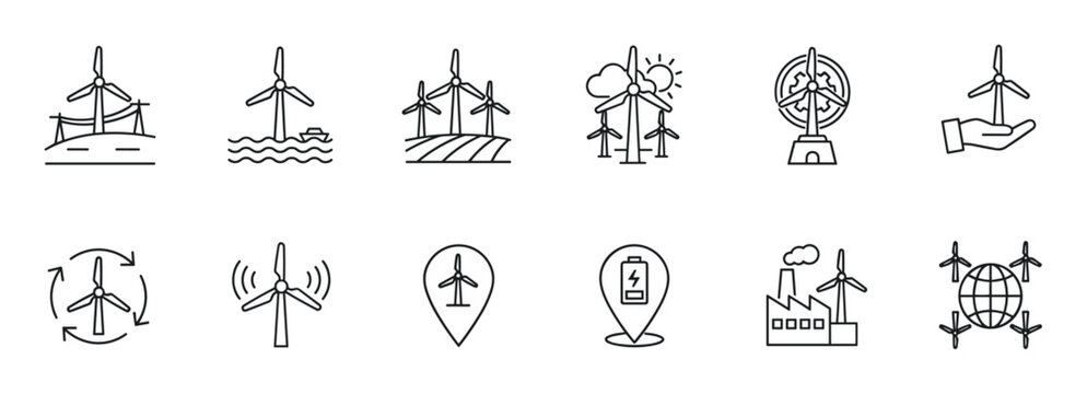 Wind turbine and renewable energy icon set featuring minimalist black line art illustrations of wind farms, offshore power, sustainability, and green technology concepts