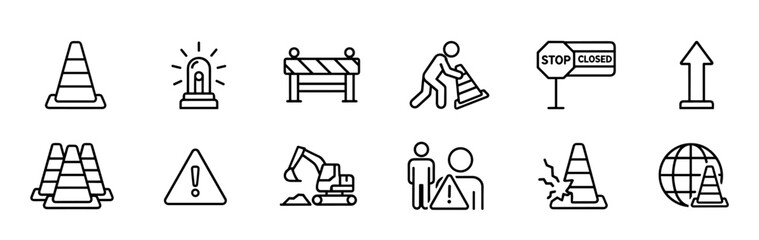 Road work and construction line icon set with traffic cones, barriers, warning signs, and an excavator for safety and maintenance concepts, presented in a clean minimalist style