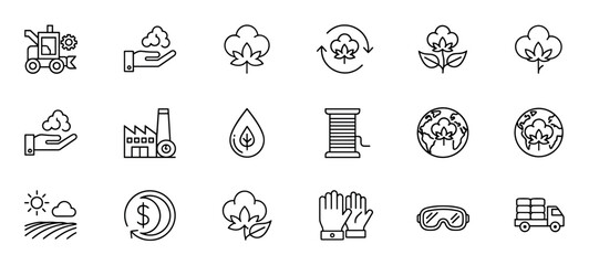 Fototapeta premium Cotton production and textile manufacturing thin line icon set illustrating the complete cycle from farm to factory, including logistics and sustainable concepts