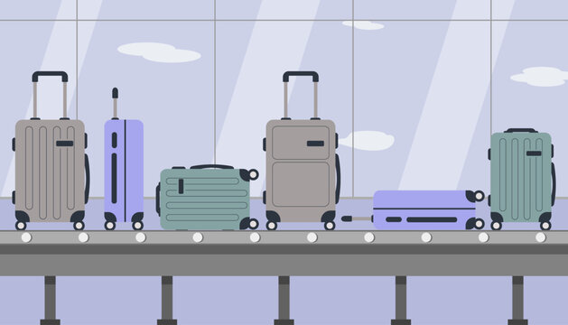 Vector illustration of the baggage belt at the airport with various suitcases on it.