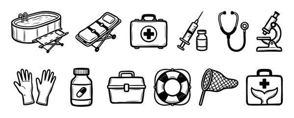 Fototapeta premium Collection of black and white hand-drawn icons representing medical, rescue, and safety equipment like a stretcher, first aid kit, syringe, stethoscope, and lifebuoy