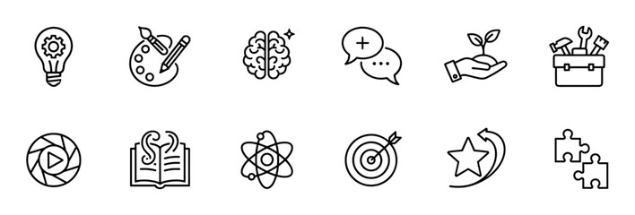 Fototapeta premium Set of black line icons representing creativity, innovation, and business development concepts like ideas, growth, strategy, and teamwork in a minimalist vector style
