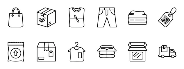 Fototapeta premium Set of black line art icons representing online shopping, fashion retail, and delivery services, including symbols for clothing, packaging, shipping, and QR code tags in a minimalist style