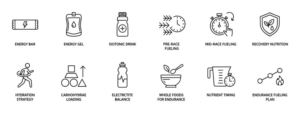 Set of black line icons representing sports nutrition and endurance fueling concepts, featuring minimalist symbols for energy bars, hydration, recovery, and nutrient timing plans