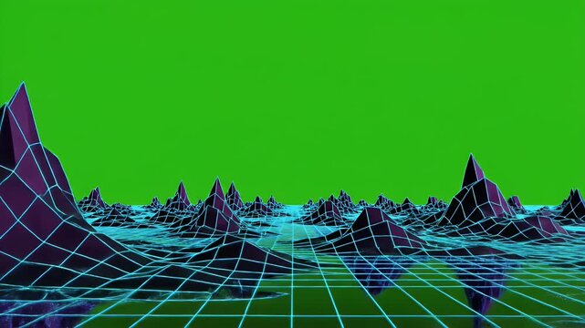 A retro digital landscape with purple geometric mountains, a grid, and bright green sky