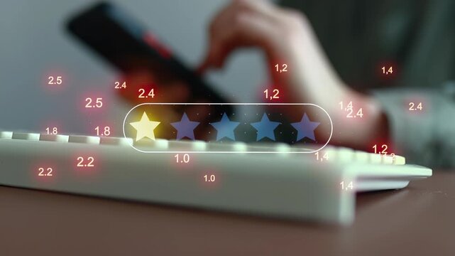 Person rates service on a smartphone while using a computer keyboard in a modern workspace during daytime hours.