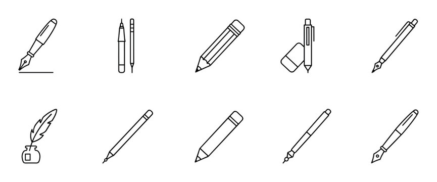 Set of black line art icons depicting various writing and drawing tools like fountain pens, pencils, a quill with an inkwell, and an eraser in a minimalist outline style