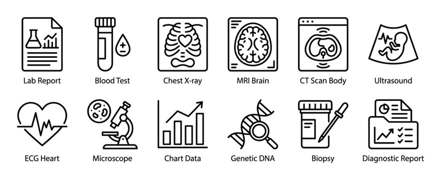 Set of medical diagnostic line icons representing lab reports, blood tests, x-ray, MRI, ultrasound, ECG, genetic DNA analysis, and other clinical procedures for healthcare