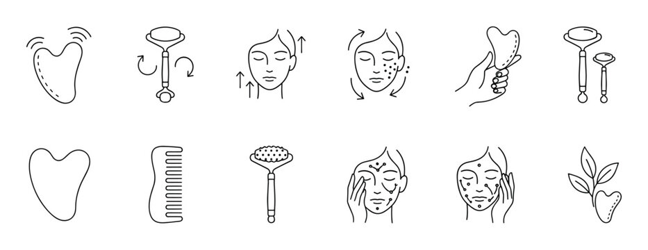 Gua sha scraper and face roller icons in a minimalist line art style showing beauty tools and facial massage techniques for skincare and lymphatic drainage