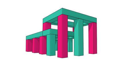 Obraz premium Abstract 3D Geometric Structure Illustration. Complex Architectural Foundation Concept with Vibrant Teal and Magenta Interlocking Blocks on White.