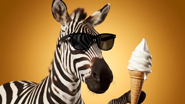 Zebra with sunglasses and ice cream.