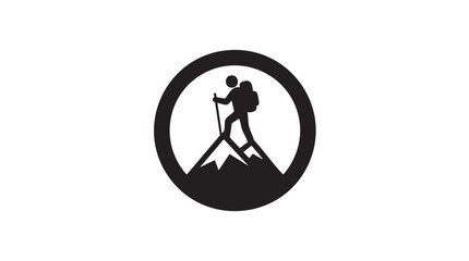 Black and White Hiker Climbing Mountain Peak Vector Icon