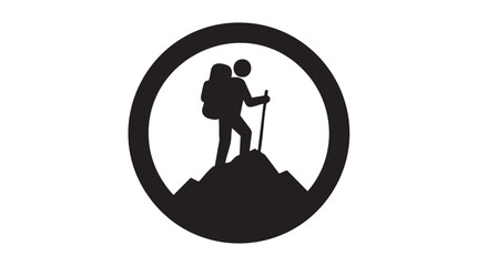 Black and White Hiker on Mountain Peak Icon Vector