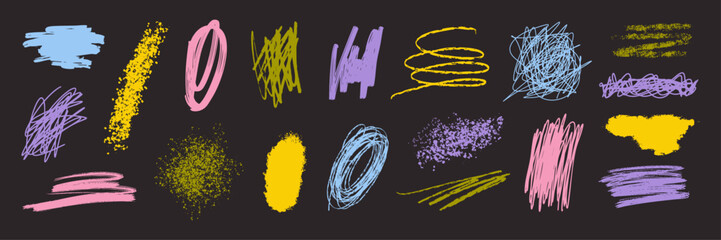 Fototapeta premium Hand drawn brush strokes and abstract scribbles set. Pencil, ink, marker and paint textures with grunge splashes and rough lines. Art elements for logo, background, overlay, banner and graphic design.