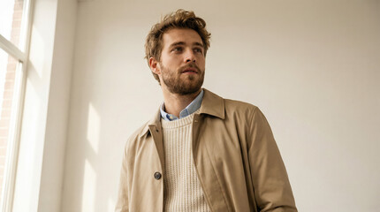 Obraz premium A confident man showcasing urban mens fashion in a stylish tan trench coat and cream knit sweater.