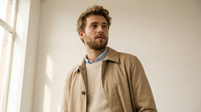 A confident man showcasing urban mens fashion in a stylish tan trench coat and cream knit sweater.