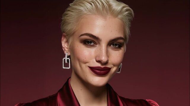 Close-up video of high fashion editorial beautiful woman with short platinum hair and minimal makeup on burgundy red studio background.Slow motion.AI Generative.