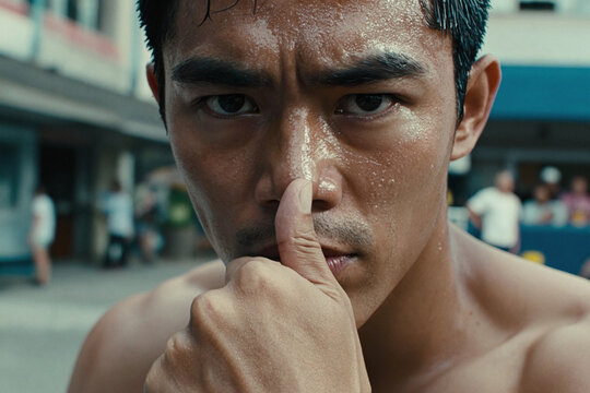 A cocky Asian street fighter, at a standoff, full of confidence and arrogance, thumbs his nose, taunting and mocking his opponent, showing contempt for his archrival and enemy before the fight.