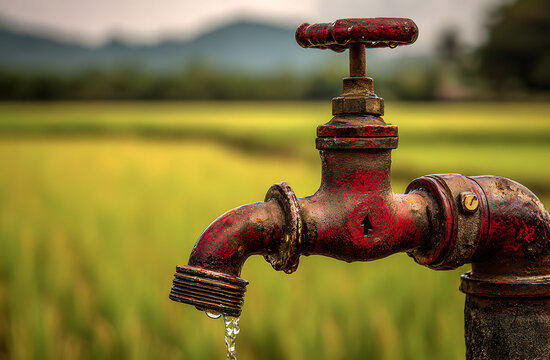 Old fashioned red spigot dripping water in foreground with vibrant green rice paddy stretching into distance