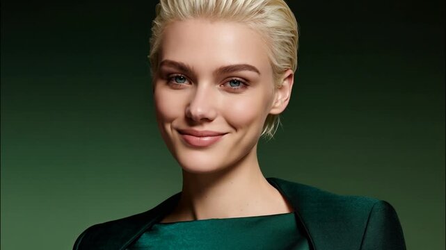 Beauty video of fashion professional model beautiful woman with short blonde hairstyle and natural makeup on green studio background.Slow motion.AI Generative.