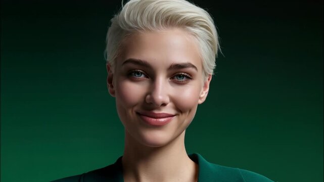 Beauty video of fashion professional model beautiful woman with short blonde hairstyle and natural makeup on green studio background.Slow motion.AI Generative.