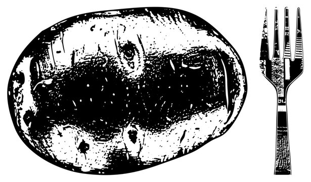 Rustic potato illustration with fork, halftone texture, black and white vector, food graphic, culinary art, isolated cutout.