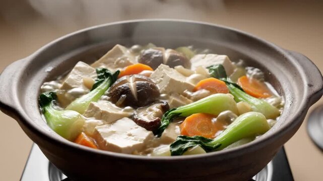 Steaming hot pot with fresh vegetables and tofu, a comforting and healthy Japanese nabe meal perfect for a cozy dinner, showcasing a traditional culinary experience