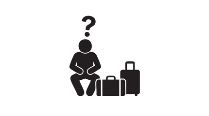 Black Stick Figure Person Sitting with Luggage and Question Mark Icon Vector